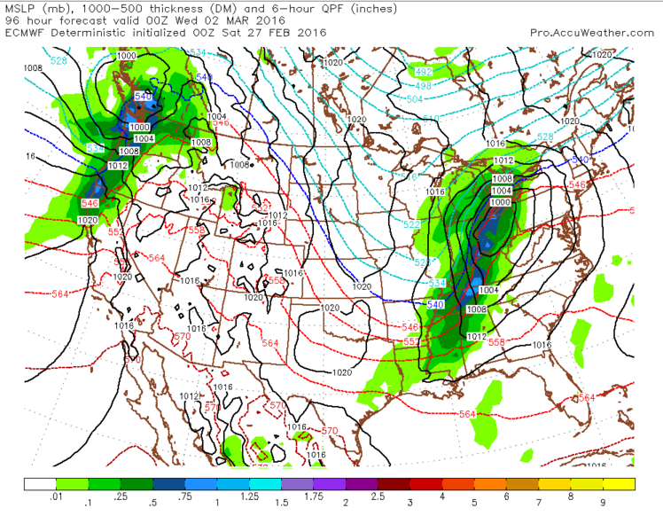European model depiction of a more northerly track and less colder air for snow or freezing rain.