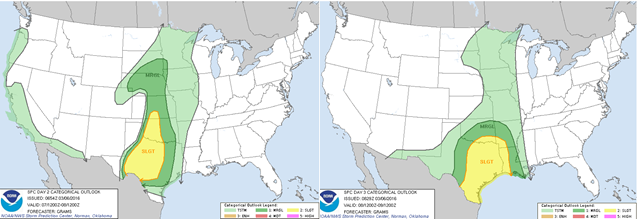 Storm Prediction Center forecast of severe weather risk for Monday (left) and Tuesday (right). Hazards for Monday: marginally severe hail. Hazards for Tuesday: all hazard types including tornadoes are possible.