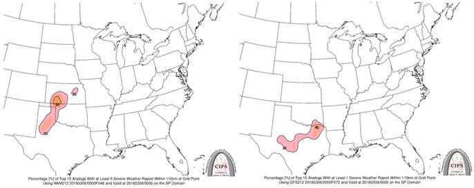 CIPS analogs based on the NAM (left) for Monday and GFS (right) for Tuesday. Notice that the analogs for Monday are contoured for 5 reports in an area and analogs for Tuesday are contoured for 1 report in an area.
