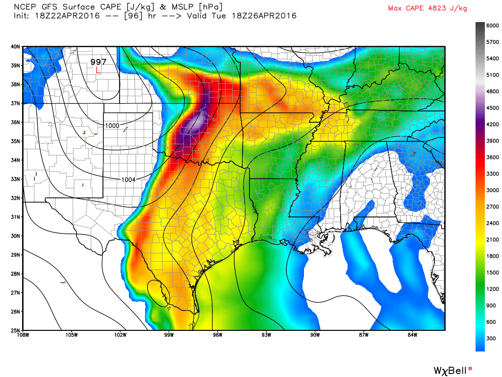 Forecasted CAPE (Convectice Available Potential Energy) for Tuesday evening. Image courtest of WeatherBell.