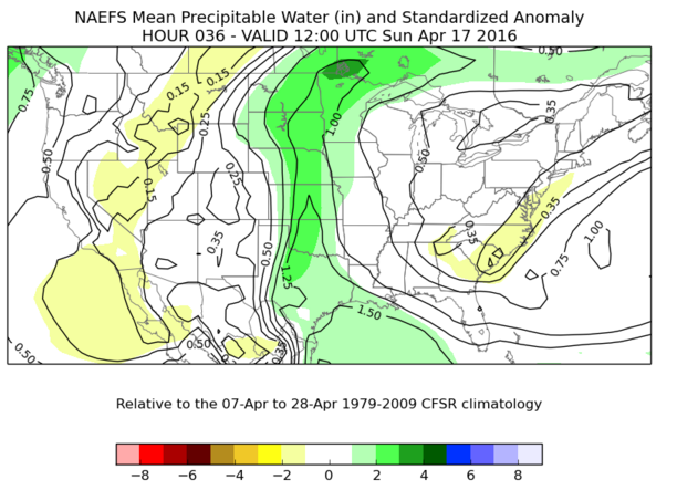 Departures from normal of Precipitable Water forecast by the NAEFS ensemble system for Sunday morning.