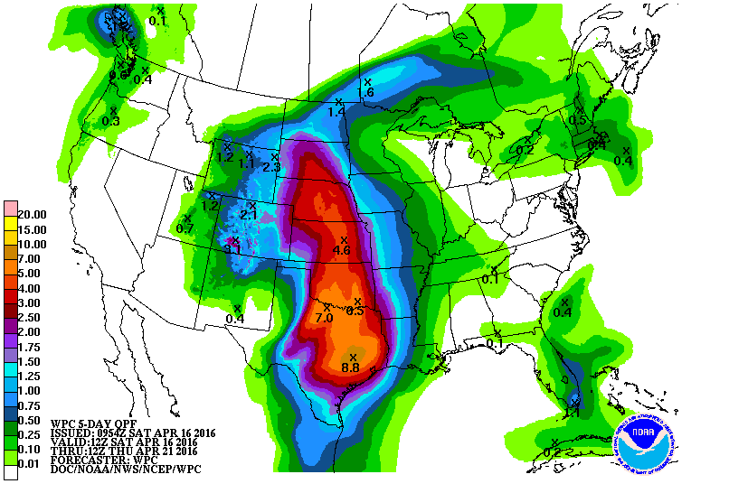 Forecast precipitation over the Plains region. Notice the 4 to 8+ inches of rainfall forecast.
