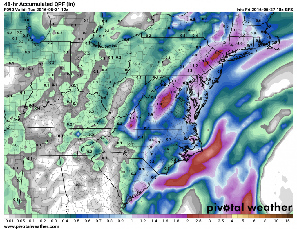 Rainfall forecast from the GFS model for the weekend. Image provided by Pivotal Weather