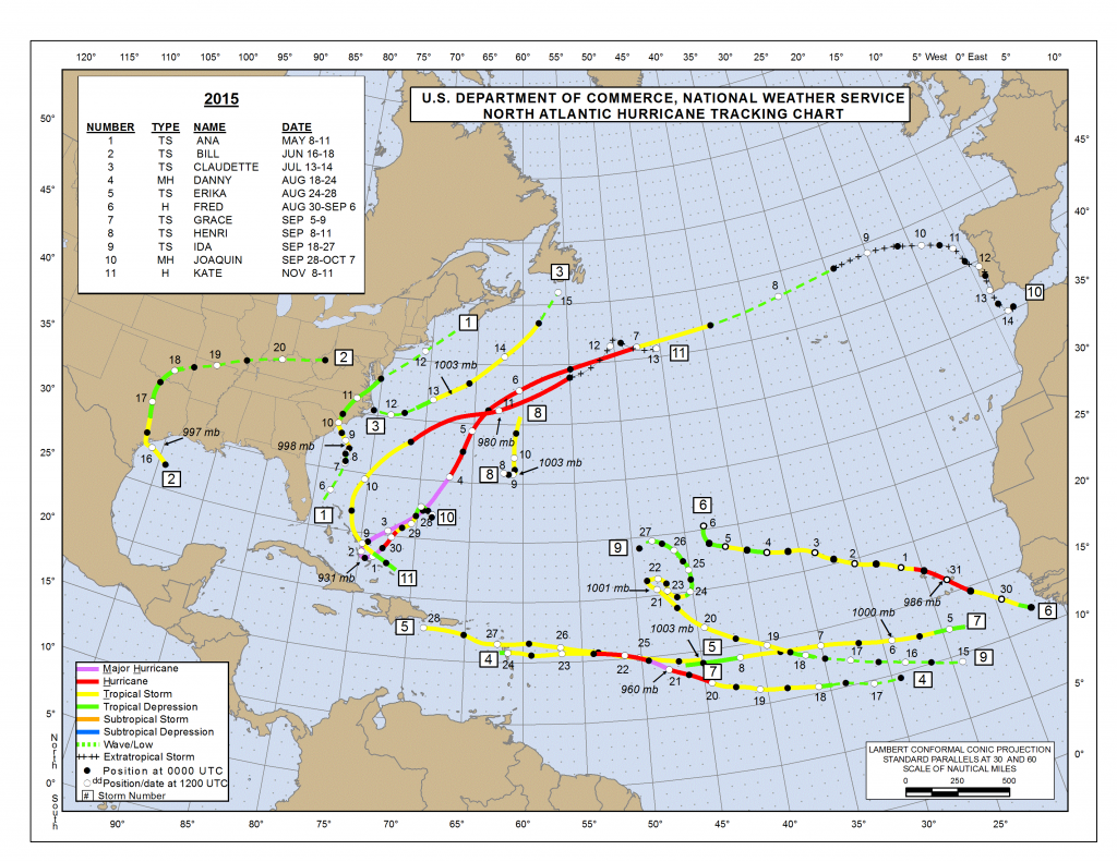 Map showing all tropical systems across the Atlantic Basin from the 2015 Hurricane Season. Image provided by the National Hurricane Center.