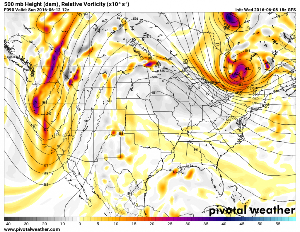 Map showing heights at the 500mb level across the United states on Friday June 8. Image provided by Pivotal Weather.