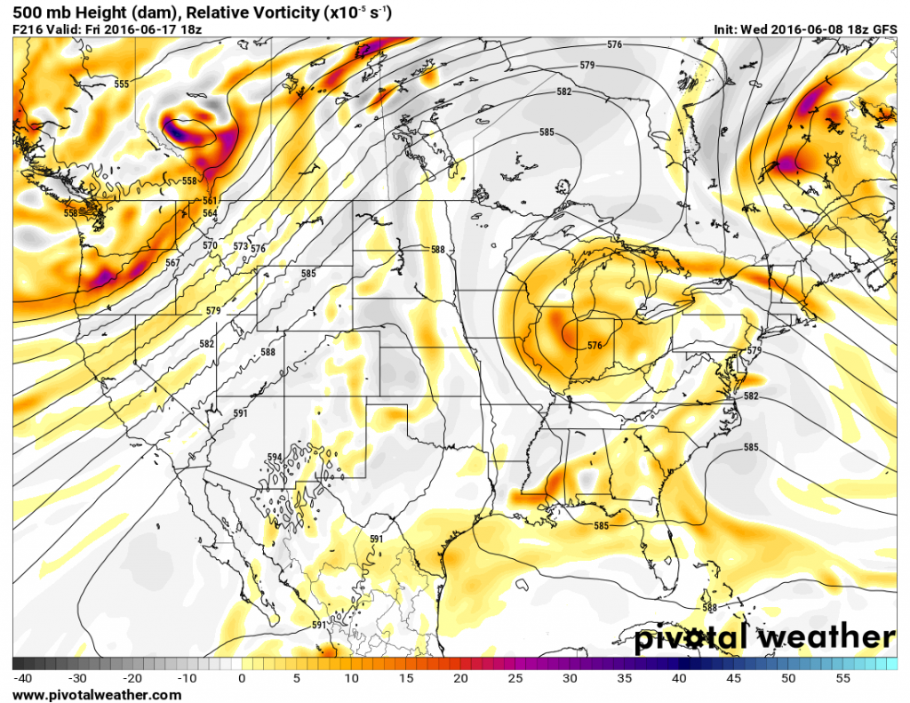 Map showing heights at the 500mb level across the United states on Friday June 15. Image provided by Pivotal Weather.