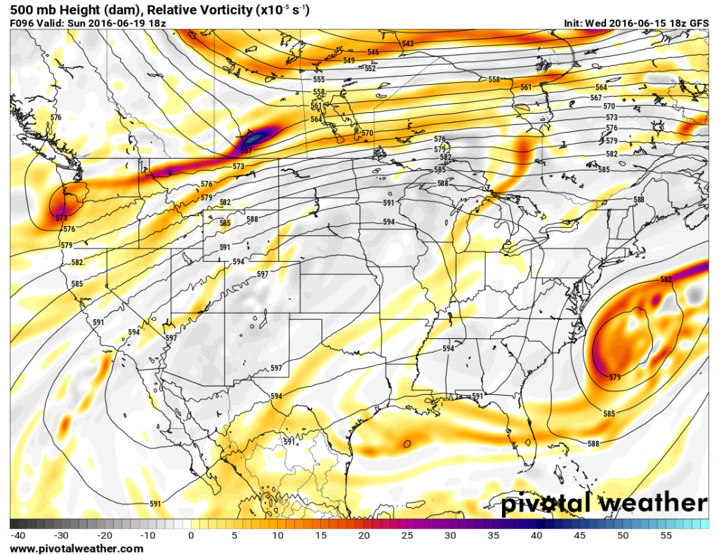 Forecast for 500mb heighs for Sunday June 19. Image provided by Pivotal Weather.