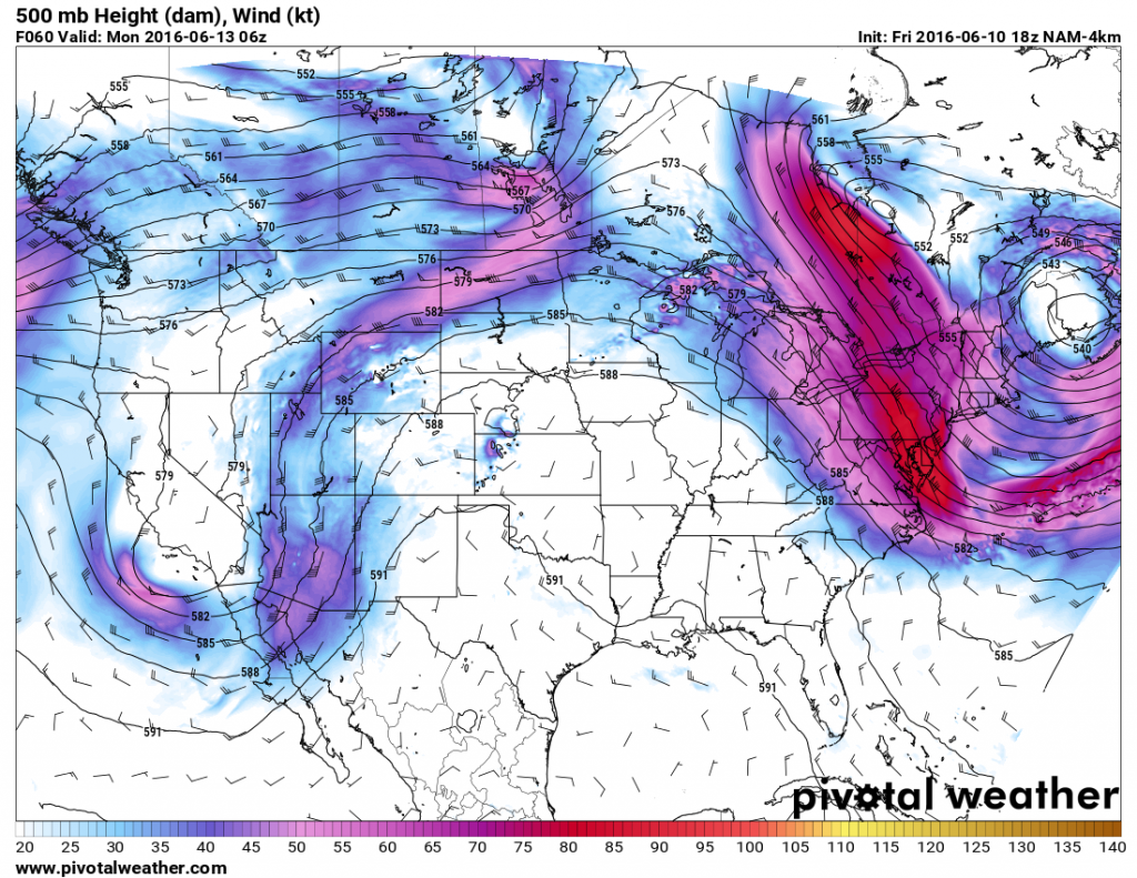 Forecast for 500mb heights and winds based on the WRF model. Image provided by Pivotal Weather.