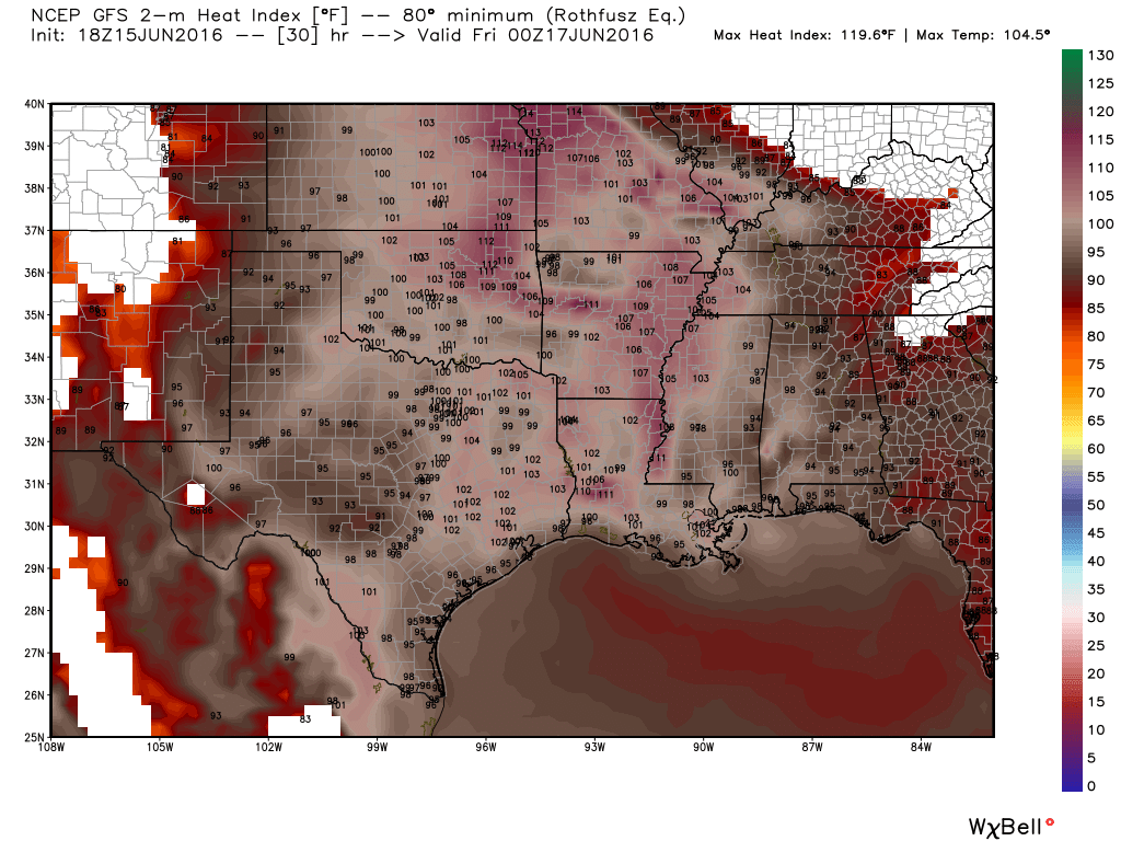 Forecast for heat index values for Thursday afternoon. Image provided by WeatherBell