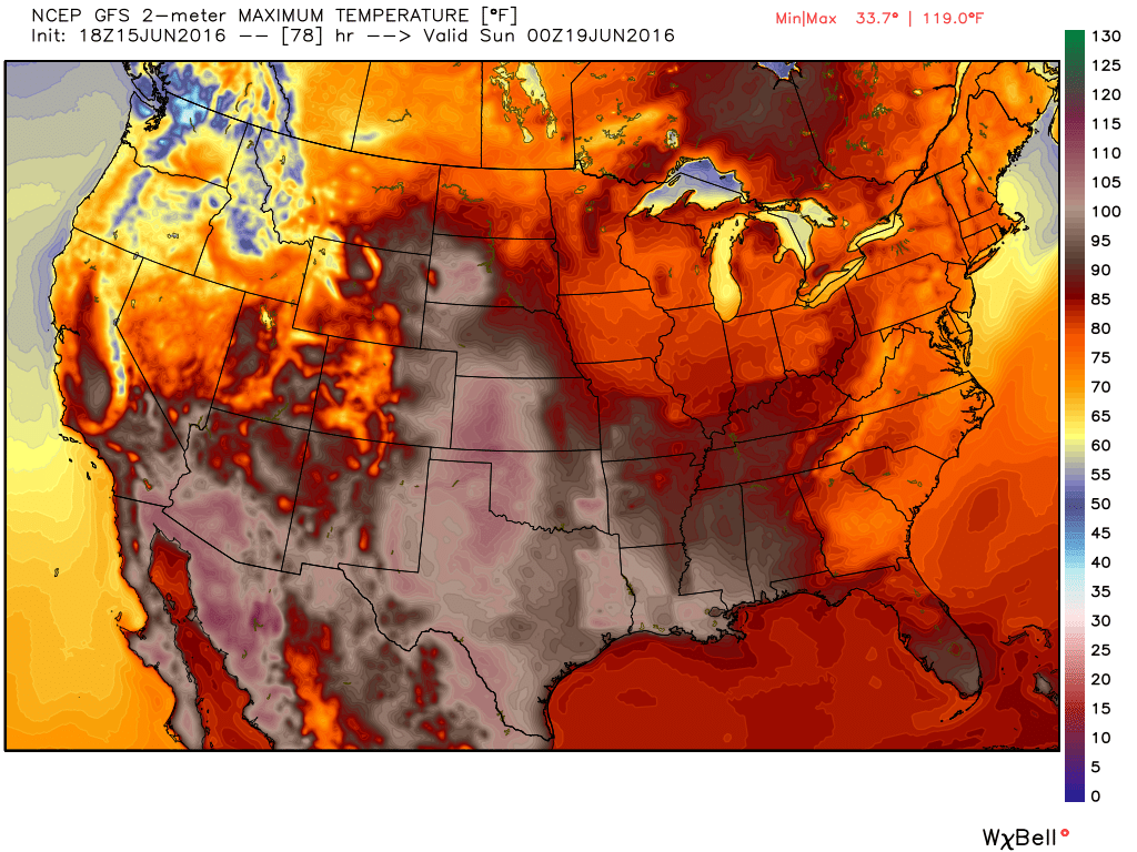High temperature forecast for Sunday June 19. Image provided by WeatherBell.