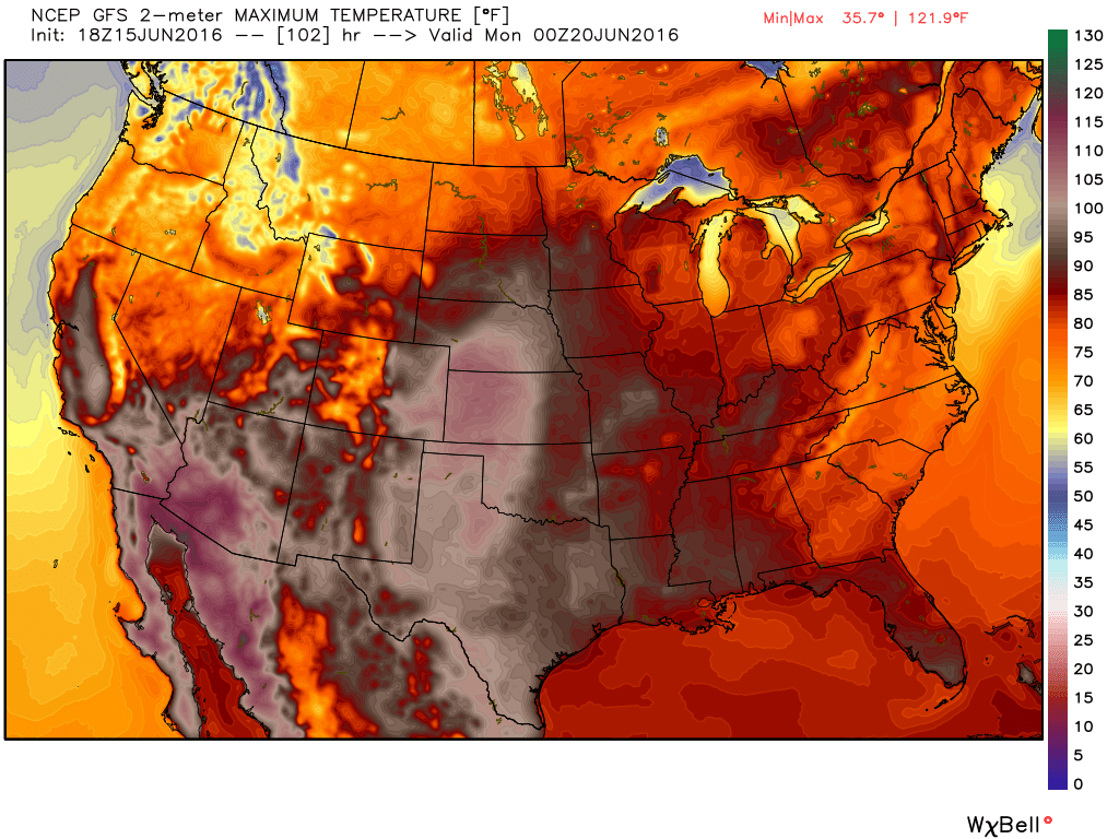 High temperature forecast from the GFS model for Sunday June 19. Image provided by WeatherBell.
