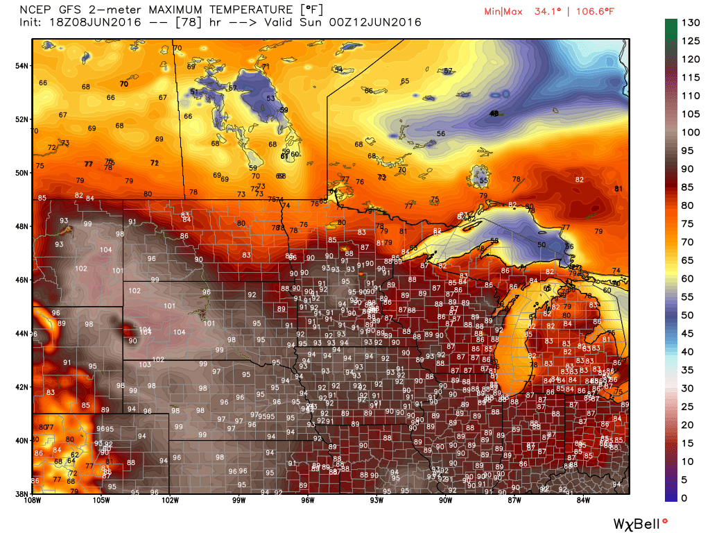 High temperature forecast based off of the GFS model for Friday June 10. Image provided by WeatherBell