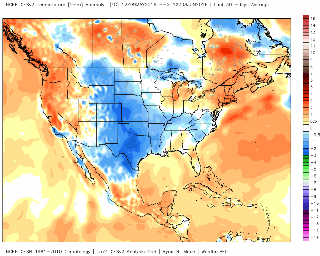 Temperature anomalies for the past 30 days across the nation. Image provided by WeatherBell.