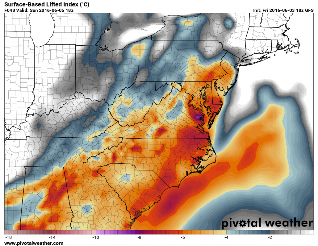 GFS forecast of Lifted Index values for Sunday afternoon. Image provided by Pivotal Weather