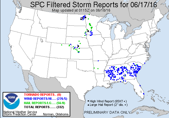 Reports of severe weather from Friday June 17. Image provided by the Storm Prediction Center.
