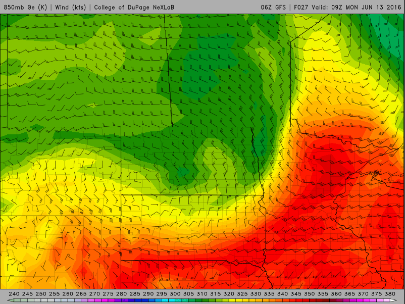 Cooler and drier air (green colors) moving into the Northern Plains behind a cold front.