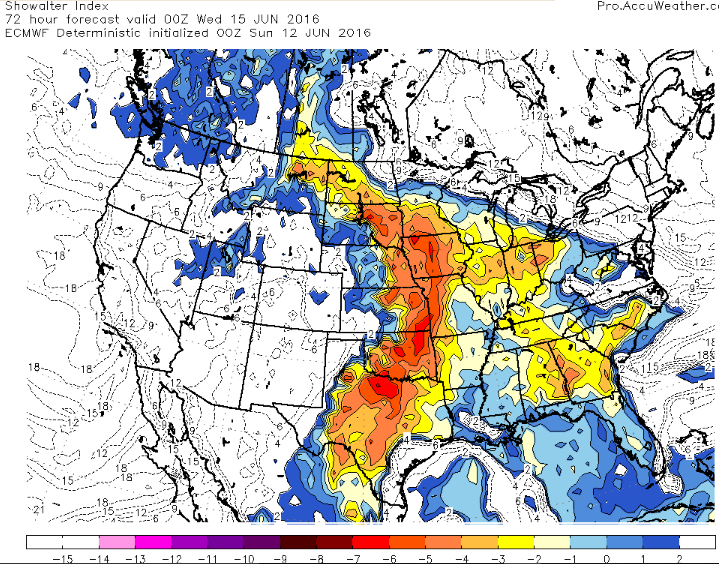 Showalter Index showing possible instability in the Northern Plains, but higher values occur in the Eastern Central Plains and Middle Mississippi Valley.