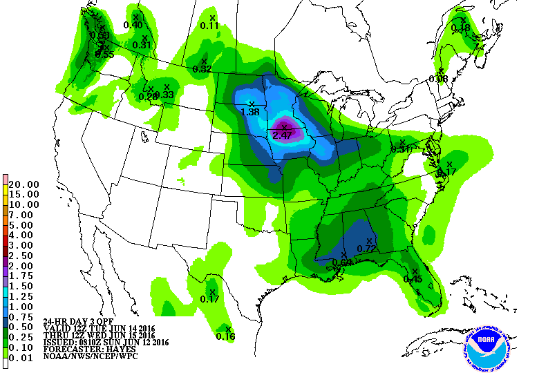 Forecast rainfall totaling 1 to 3 inches. Possibly higher in any thunderstorms from Tuesday morning to Wednesday morning.