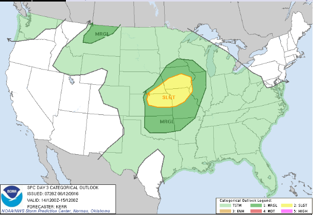 Severe weather categorical outlook for Tuesday showing the highest probability of severe weather in the Central Plains and Middle Mississippi Valley. 