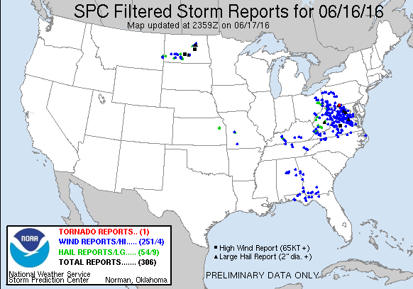 Reports of severe weather from Thursday June 16. Image provided by the Storm Prediction Center.