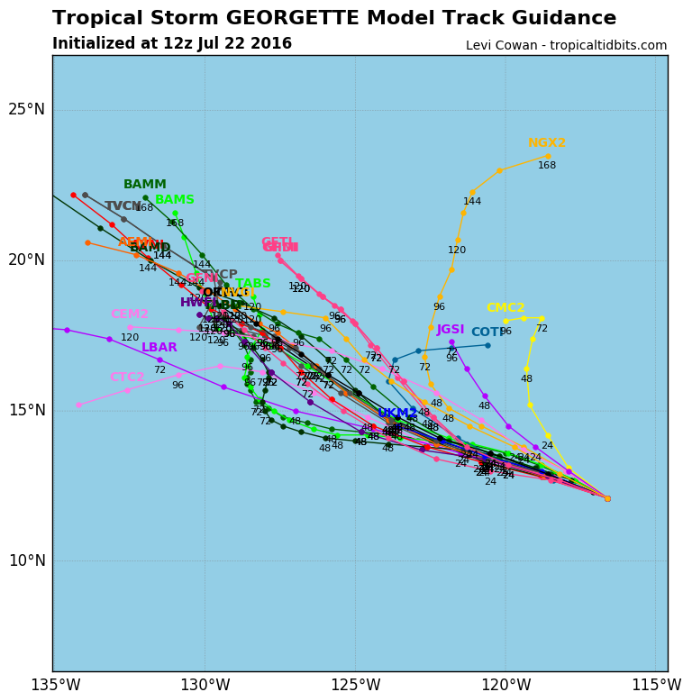 Computer model forecasts for the track of Tropical Storm Georgette. Image provided by Tropical Tidbits.