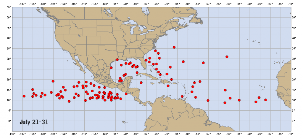 Location of all tropical storms and hurricanes that formed between July 21 and 31 during the years 1851-2009. Image provided by the National Hurricane Center.