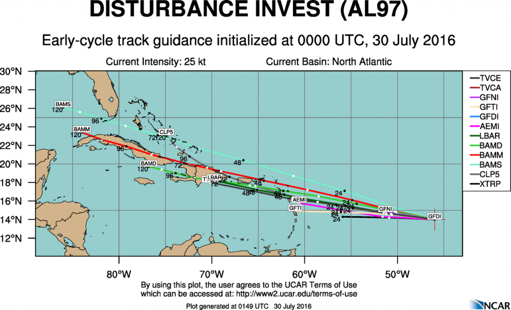 Model forecasts for the track of a tropical disturbance in the Central Atlantic. Image provided by NCAR.