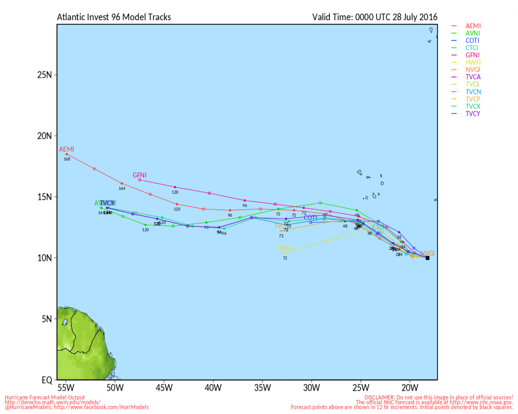 Model forecasts for the track of a tropical disturbance in the Eastern Atlantic. Image provided by the University of Wisconsin.