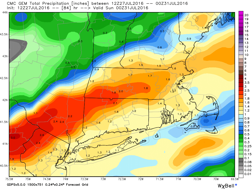 GEM model forecast for total rainfall through Saturday night. Image provided by WeatherBell.