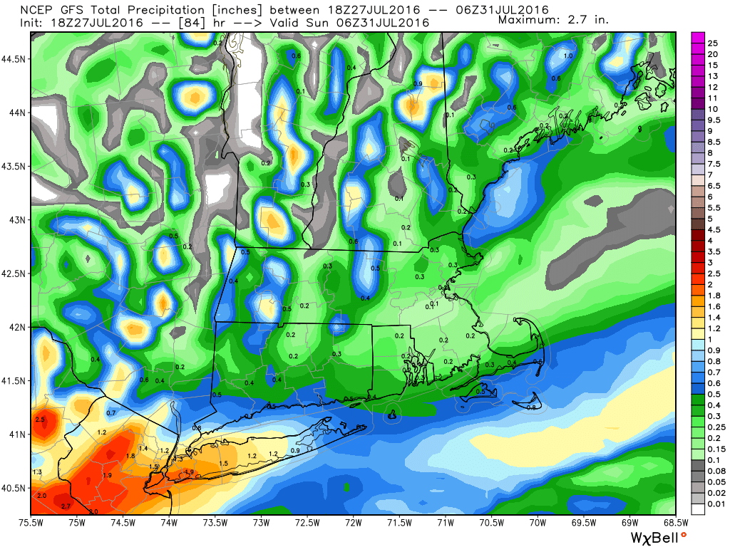 GFS model forecast for total rainfall through Saturday night. Image provided by WeatherBell.