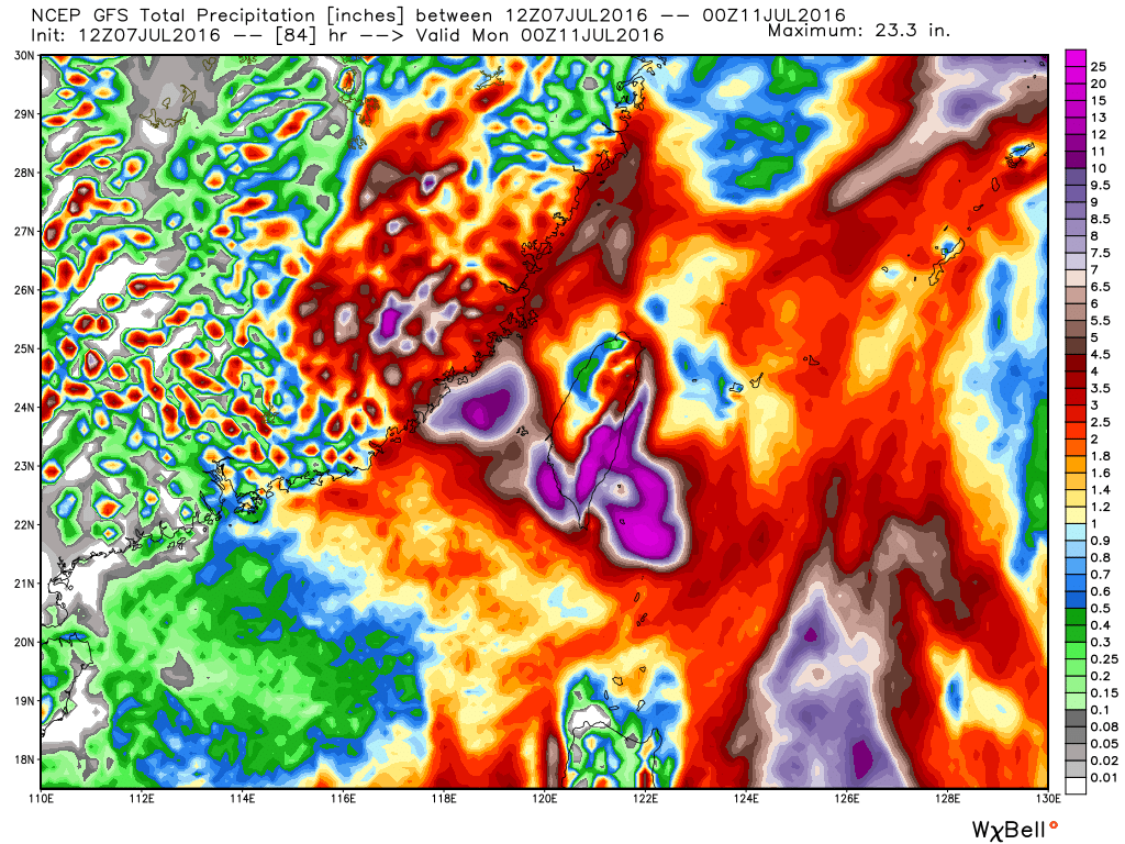 GFS model forecast for rainfall through the weekend across Taiwan and eastern China. Image provided by WeatherBell.