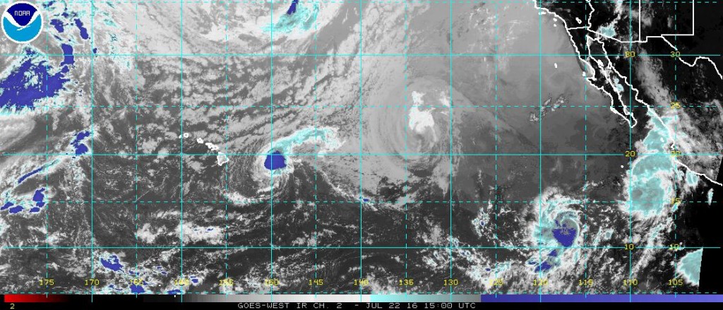 Satellite photo of the Eastern Pacific showing 4 active tropical cyclones (from Left to Right: Darby, Estelle, Georgette, Frank). Image provided by NOAA.