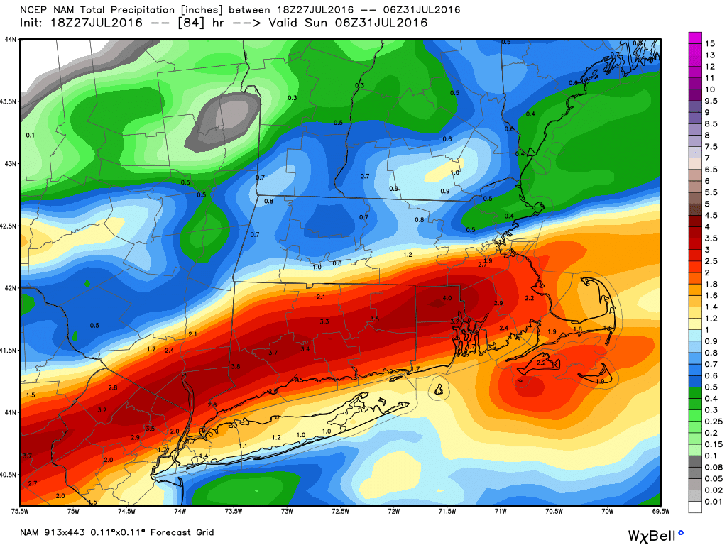 NAM model forecast for total rainfall through Saturday night. Image provided by WeatherBell.