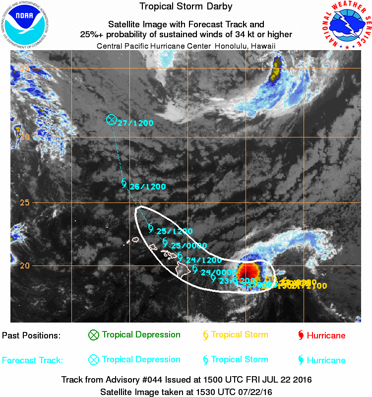Satellite phot and track forecast for Tropical Storm Darby. Image provided by NOAA.