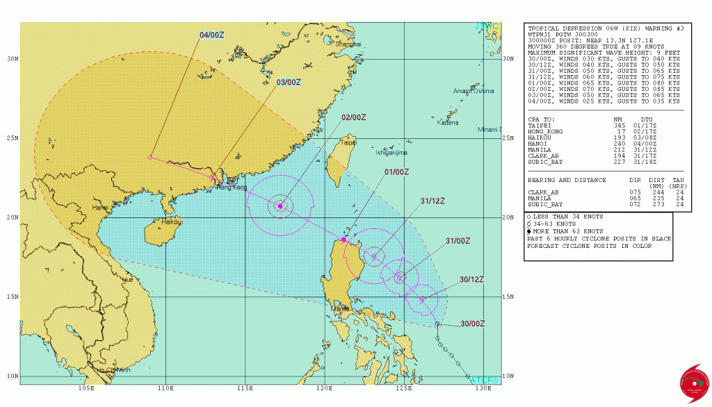 Forecast track for Tropical Depression 06z. Image provided by the Joint Typhoon Warning Center.