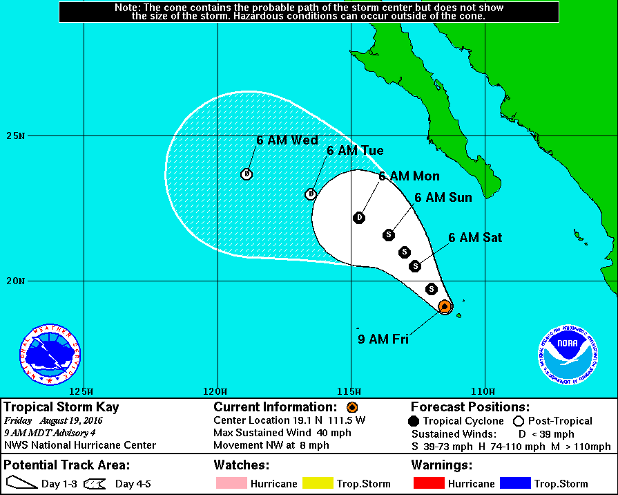 Forecast track for Tropical Storm Kay. Image provided by the National Hurricane Center.