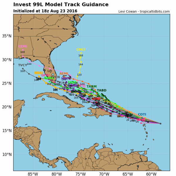 Computer model forecasts for the track of a disturbance approaching the Eastern Caribbean. Image provided by Tropical Tidbits.