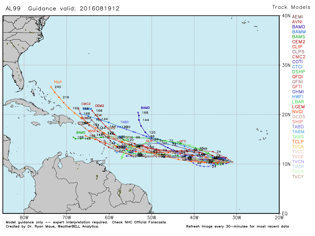 Computer model forecasts for the track of a disturbance in the Central Atlantic. Image provided by WeatherBell.