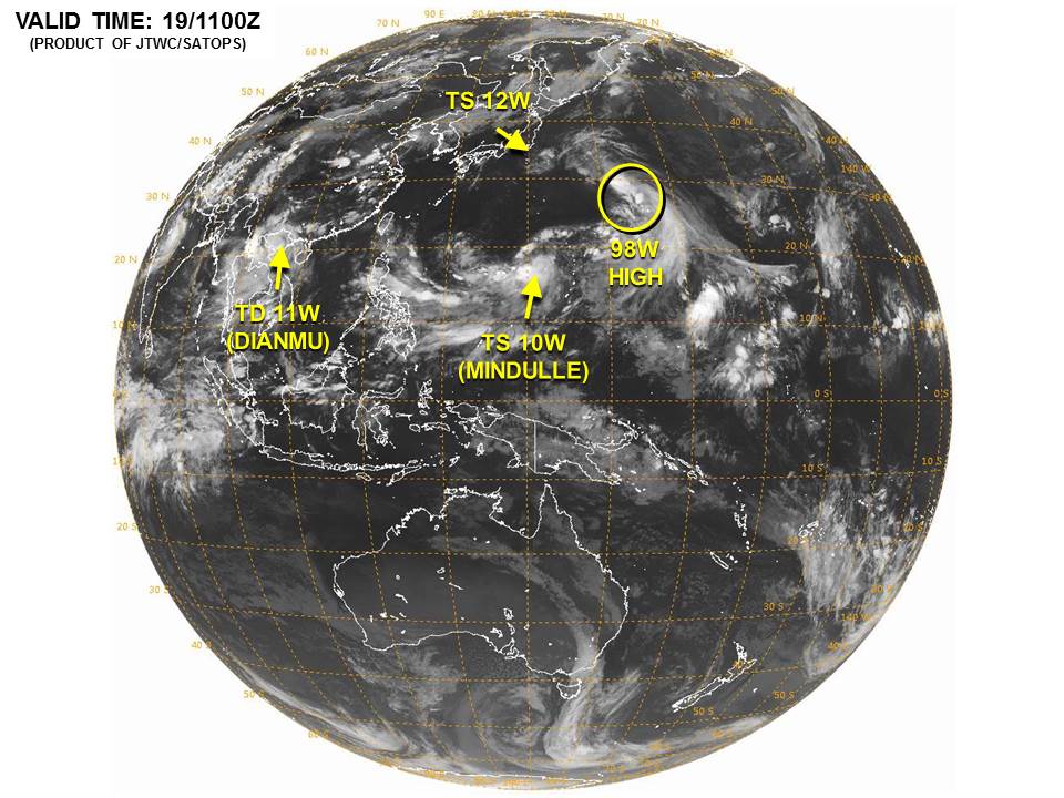 Satellite image showing 3 active tropical systems and a potential system in the Western Pacific Ocean. Image provided by the Joint Typhoon Warning Center.