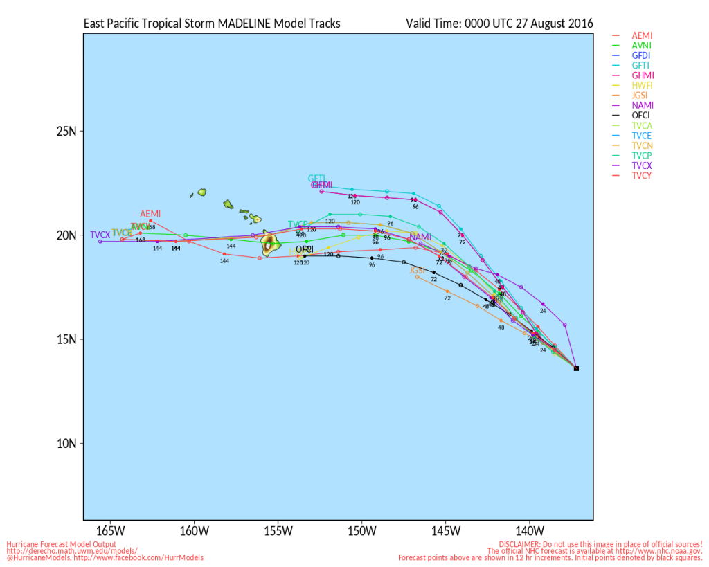 Model forecasts for the track of a Tropical Storm Madeline. Image provided by the University of Wisconsin.