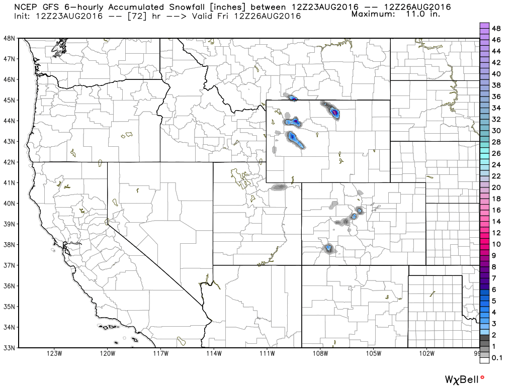 Snowfall forecast based on the GFS model through Friday morning. Image provided by WeatherBell.