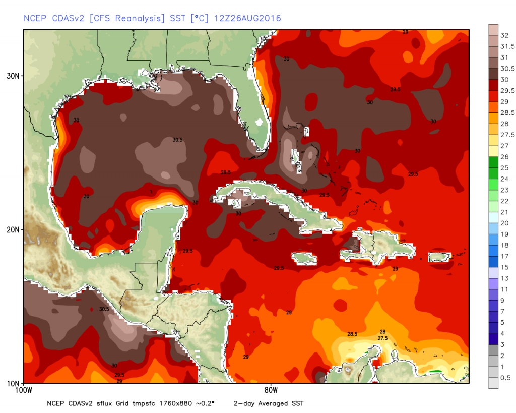 Current water temperatures across the Gulf of Mexico, Caribbean Sea, and Southwest Atlantic Ocean. Image provided by WeatherBell.