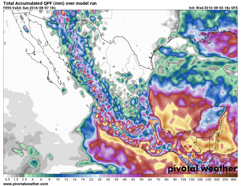 GFS model forecast for rainfall over the next 4 days. Image provided by Pivotal Weather.