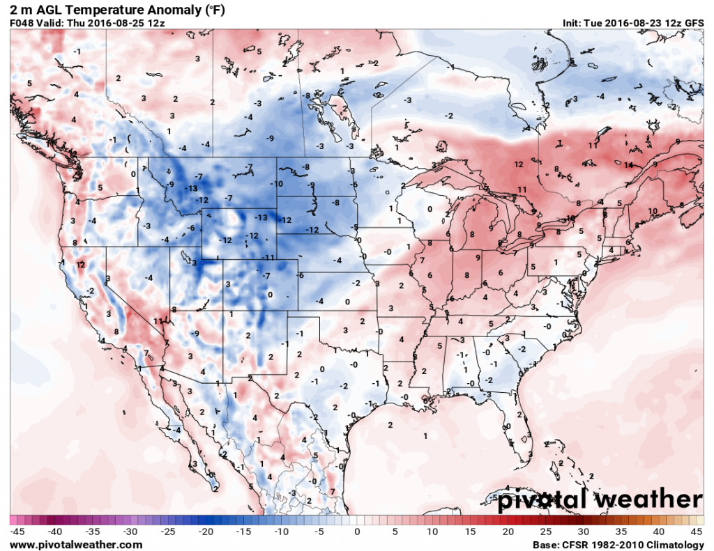 Temperature anomaly map based on the GFS model for Thursday morning. Image provided by Pivotal Weather,