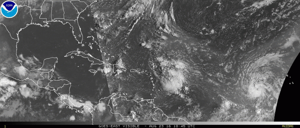 Satellite loop showing Tropical Storm Gaston (far right) and a disturbance approaching the Eastern Caribbean. Loop provided by NOAA.