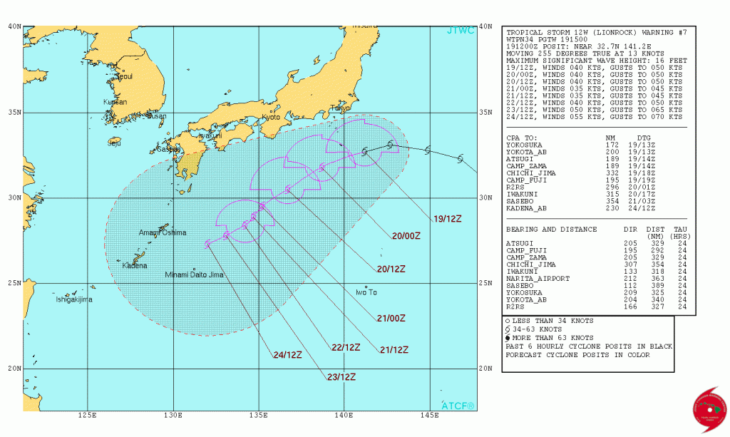 Forecast track for Tropical Storm 12W (Lionrock). Image provide by the Joint Typhoon Warning Center.