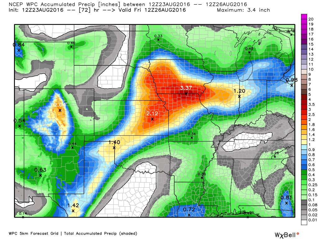 Expected rainfall totals across the Midwest through Friday morning. Image provided by WeatherBell.