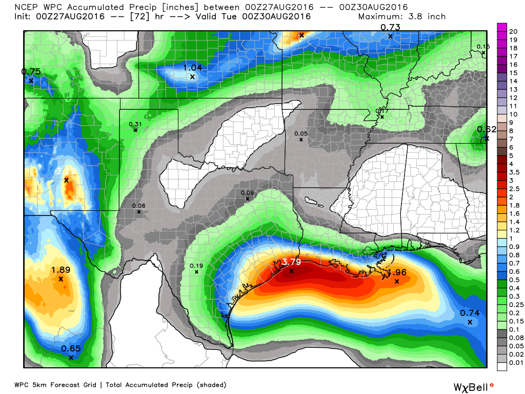 Expected rainfall through Monday evening. Image provided by WeatherBell.