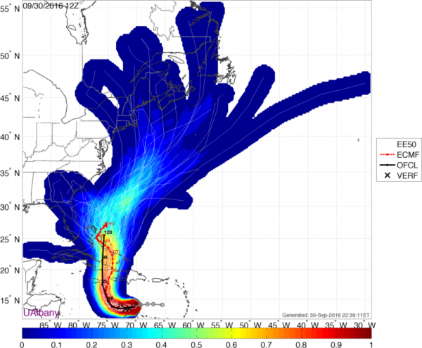 Forecast tracks for Matthew from the ECMWF Ensemble. Image provided by Brian Tang, University at Albany