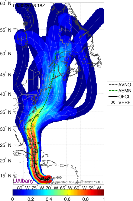 Forecast tracks for Matthew from the GFS Ensemble. Image provided by Brian Tang, University at Albany